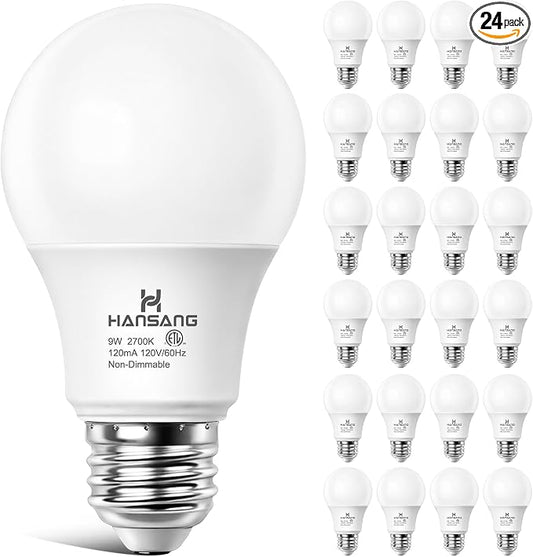 24 Pack A19 LED Light Bulbs, 60W Equivalent, 2700K Soft Warm White LED Bulb with E26 Standard Base, Efficient 9W, Non-Dimmable, 800 Lumens, 120V, CRI 85, Eye-Friendly for Bedroom Living Room