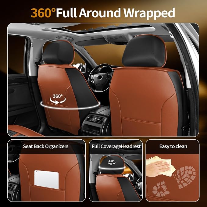Fit Frontier Car Seat Covers Compatible with Nissan Frontier 2009-2024 2025 2026.Full Coverage Waterproof Leather,All-Weather Seat Cushion Protector-Easy Installation(2 Front,Brown)