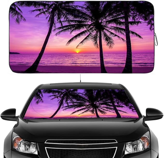 Gven Windshield Sun Shade, Car Front Window Shades Cute Sunshade Cover Sun Visor Shield Block Automotive Interior Protector Blocks UV Rays for Pickup Truck SUV Accessories(Sunset Purple, L), Large