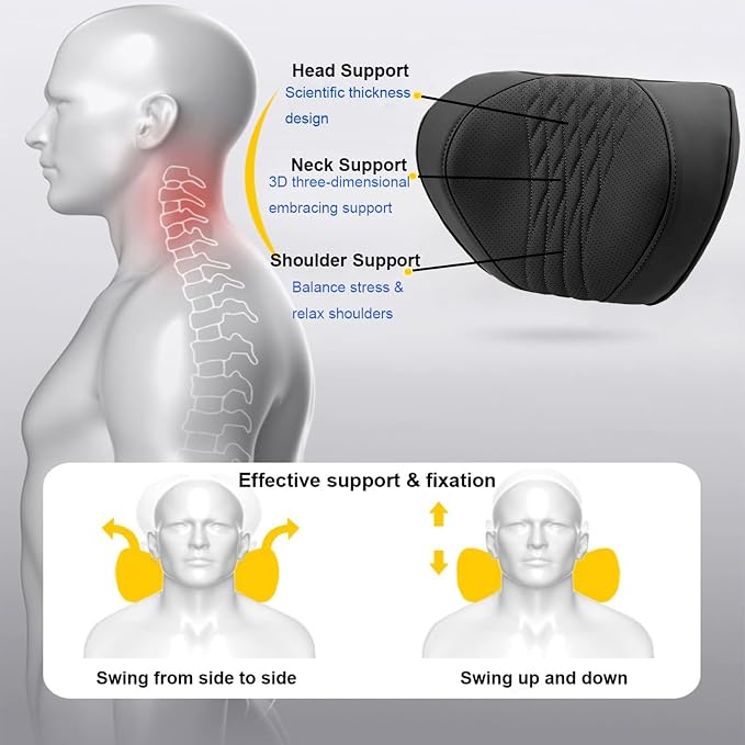 Car Neck Pillow 2-Pack - Premium Memory Foam Headrest with Soft Nappa Leather Feel, Ergonomic Support for Long Drives, Fits Most Vehicles (2, Black)