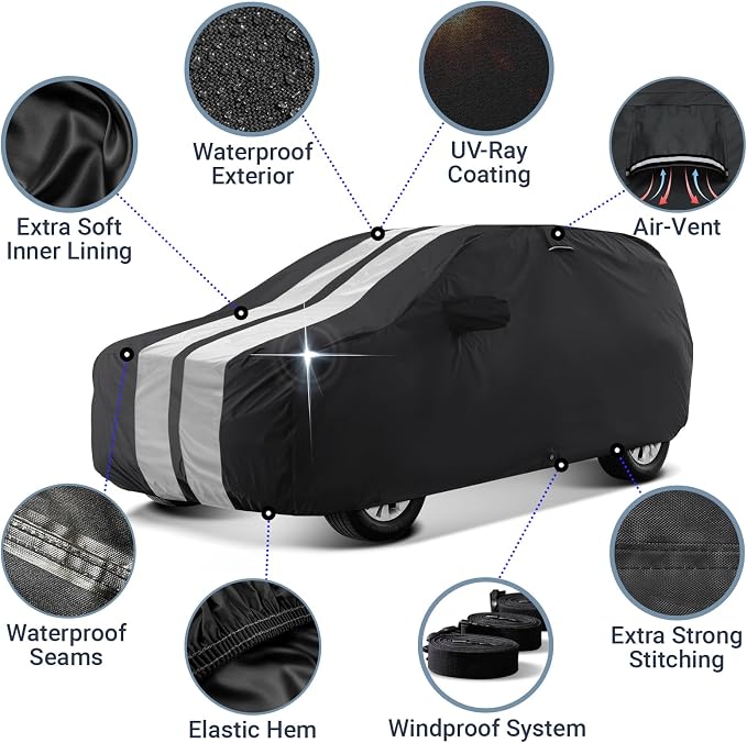 iCarCover Premium Heavy Duty SUV Car Cover - Waterproof All Weather Rain Snow UV Protection GLK, 4Runner, Xterra, Forester, XC40, Q3, Liberty, SPOR-Tage, Size S57 (See Size Chart), Stripe - Black/Gray