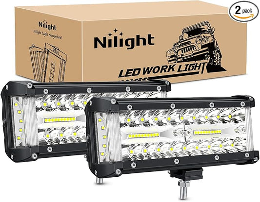 Nilight Side Shooter Light Bar 2 PCS 7 Inch | Triple Row Design, Spot Flood Combo Beam Work Off Road Lighting on Truck SUV ATV UTV
