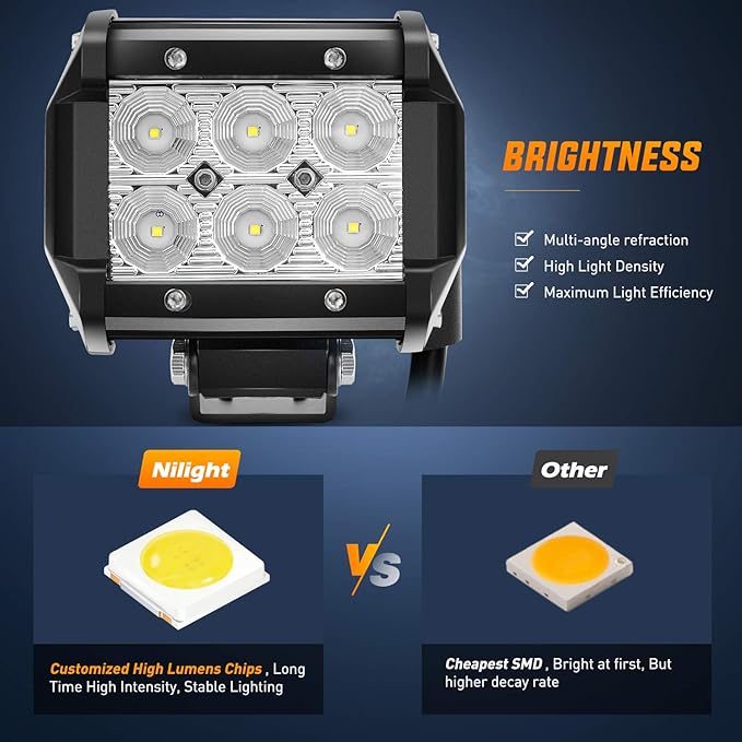 Nilight - ZH010 2PCS 4 Inch 18W Flood LED Fog Lights Off Road Driving Lights With Wiring Harness, 2 Years Warranty