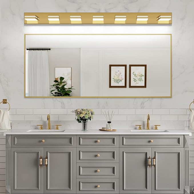 SineRise LED Modern Bathroom Vanity Light Fixtures (7-Light, 55-Inch), Brass Modern Acrylic Bathroom Wall Lighting Fixtures Over Mirror (Cool White 6000K)