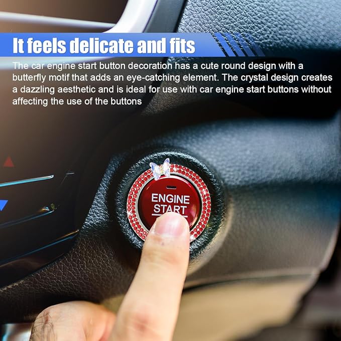 Bling Butterfly Car Engine Push Start Button Ring Sticker (Red) | Crystal Rhinestone Auto Key Ignition Knob Ring Emblem, Sparkling Auto Interior Decoration Accessories for Women