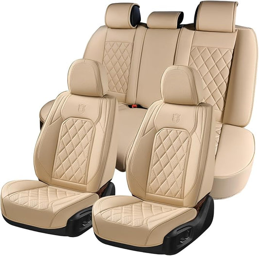 Coverado Car Seat Covers Full Set, Luxury Faux Leather Waterproof Seat Cover, 5 Seat Universal Seat Covers for Cars, Front and Back Car Seat Protector, Beige Leather Seat Cover Fit for Most Cars