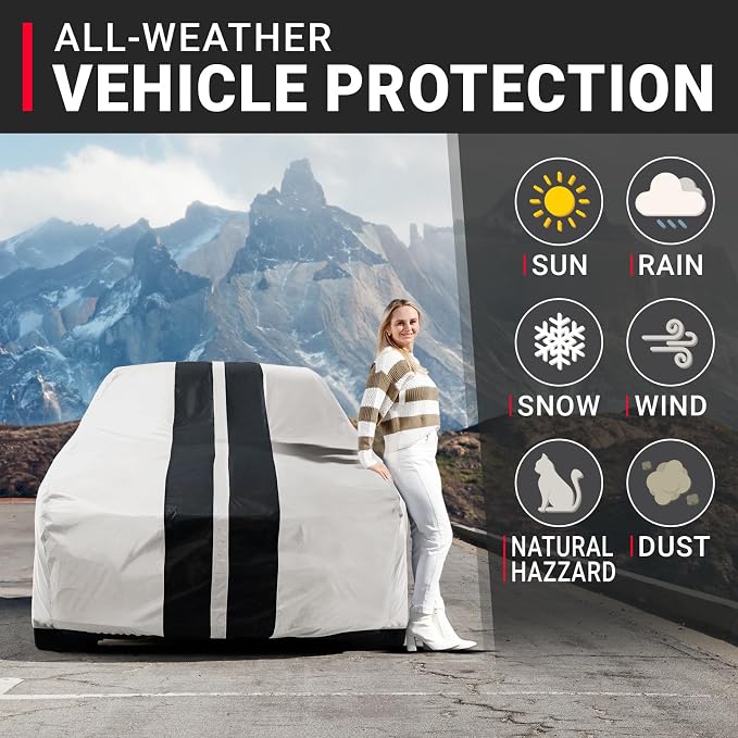 iCarCover Premium Heavy Duty Car Cover - Waterproof All Weather Rain Snow UV Protection, Miata MX-5, MGB Roadster, MG Midget, Spitfire, Spark, Size C25 (See Size Chart), Stripe - Light Gray/Black