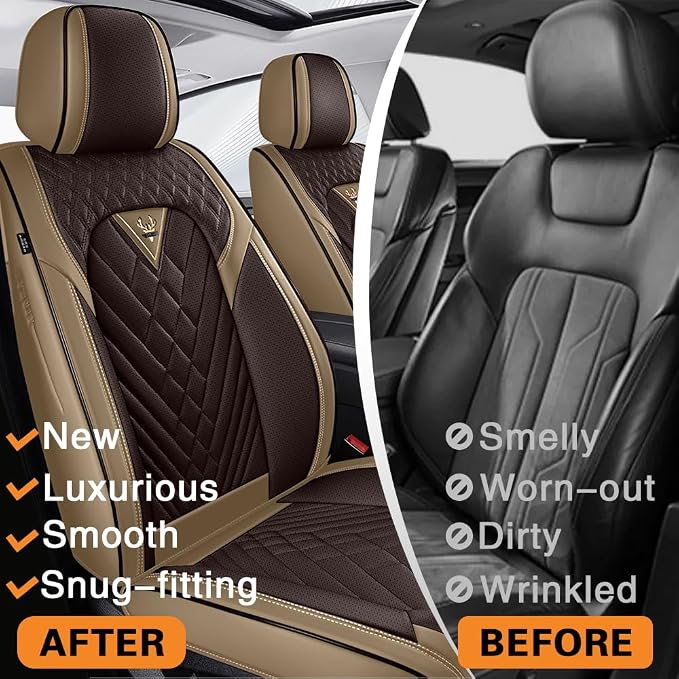 Fit for Toyota RAV4 Hybrid Seat Covers 2016-2026, Premium Leather, 360° Full Protection, Thick Padding & Memory Foam, Waterproof & Stain-Resistant Car Seat Cover Front Set (2 Seat,Brown&Beige)