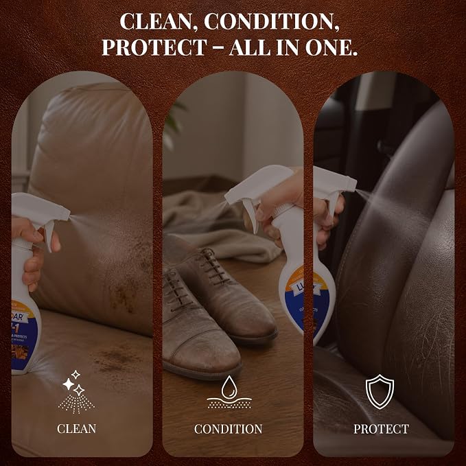 Leather Cleaner and Conditioner 3-in-1 Spray, Use on Leather Furniture, Car Seats, Shoes, Bags, Jackets and Leather Bags with Microfiber Brush & Microfiber Cloth(8 oz Spray Bottle)