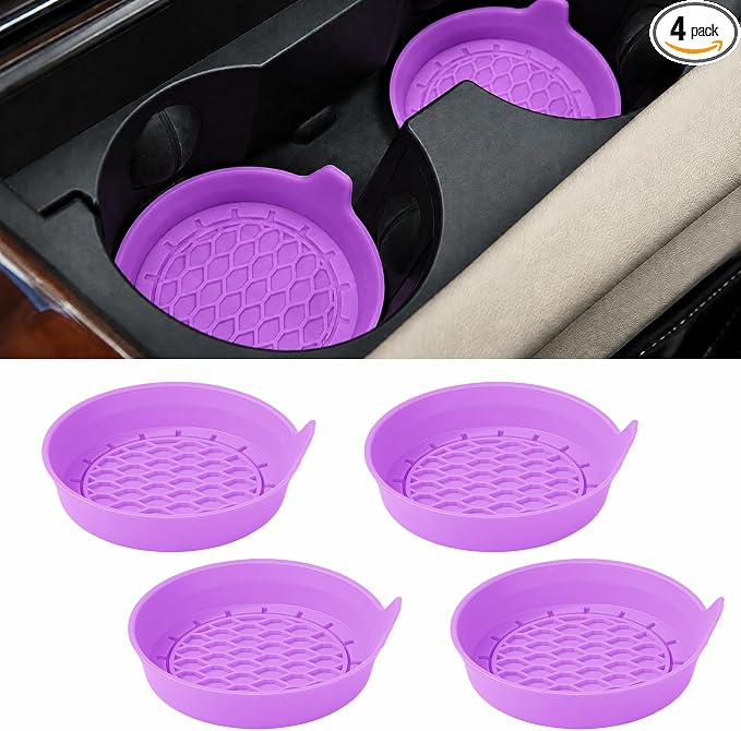 4 Pack Car Cup Holder Coaster, 3.15 Inch Non-Slip Silicone, Purple | Cup holder insert, spill proof ,raised lip, honeycomb base, rinse clean, fits most sedans suvs trucks, automotive accessories