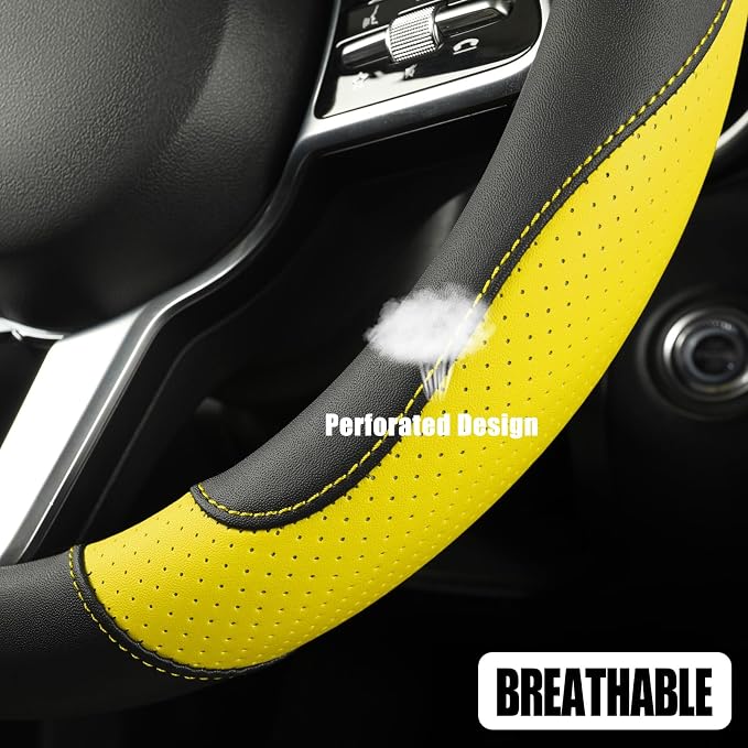 Black Yellow Microfiber Leather Steering Wheel Cover 15 inch | Breathable Anti Slip Grip Cool Sporty Look Glow for Women Men