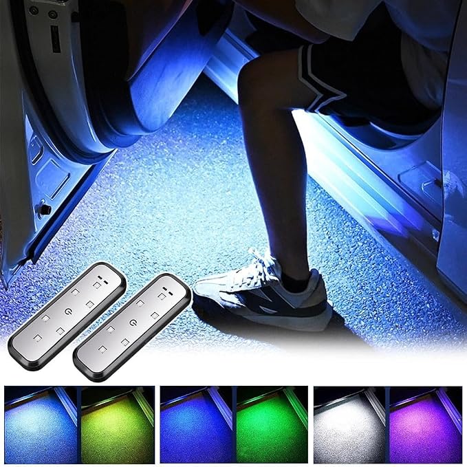 Car LED Door Lights Projector 7 Color Wireless Door Warning Lights USB Welcome Door Sill Courtesy Projection Magnetic Auto Sensing Ambient Puddle Lights (4Pcs)