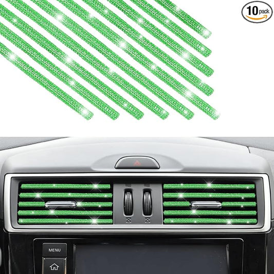Green Rhinestones Diamond Decoration Strips, 10PCS Waterproof Bling Car Vent Outlet Trim for Straight Air Conditioner, Interior Accessories for Women Girls