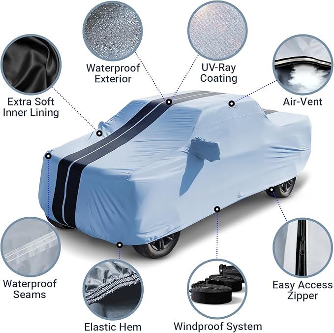iCarCover Premium Heavy Duty Truck Car Cover - Waterproof All Weather Rain Snow UV Protection Chevy C/K 1500, Colorado, Dakota, Ranger, Canyon, Frontier, Size T90 (See Size Chart), Stripe - Gray/Black