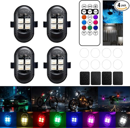 Upgraded 4PCS Mini Car Wireless LED Strobe Lights with Remote Control Wireless LED Lights for Car Motorcycle Bicycle Bike USB Rechargeable 8-Color Car Ambient Lighting Car Led Lights Interior