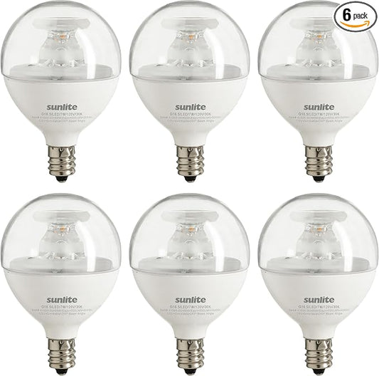 Sunlite G16.5 Light Bulb LED, 7 Watts (60W Equiv.), 500 Lumens, Dimmable, Type G Globe Shape E12 Candelabra Base, Short Bulbs, Vanity Mirror Bulbs, 3000K Warm White, Clear, 6 Count