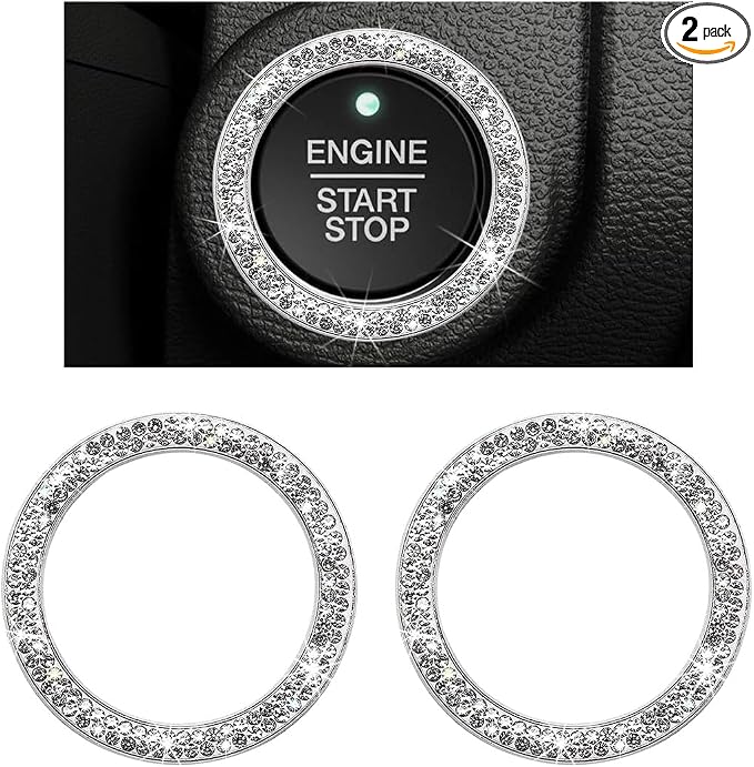 2 PCS Car Bling Crystal Rhinestone Engine Start Ring Decals, Sparkling Diamond Car Push Start Button Ignition Ring Sticker, Auto Key Ignition Knob Ring Decoration for Women Girls (White)