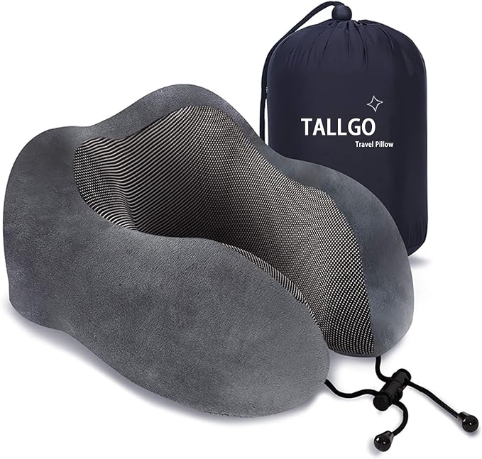 TALLGO Travel Pillow, Best Memory Foam Neck Pillow Head Support Soft Pillow for Sleeping Rest, Airplane Car & Home Use (Grey)
