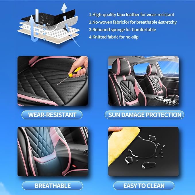 Fit Sentra Car Seat Covers Compatible with Nissan Sentra 2008-2024 2025 2026-Premium Leather,Waterproof,Breathable,Airbag Compatible &All-Weather Seat Cushion Protecto(Full Set,Pink)