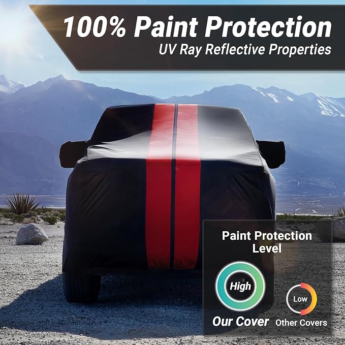 iCarCover Premium Heavy Duty Truck Car Cover - Waterproof All Weather Rain Snow UV Protection, Ram 1500, 2500, 3500, Silverado, Sierra 2500HD, 3500HD, Size T79 (See Size Chart), Stripe - Black/Red