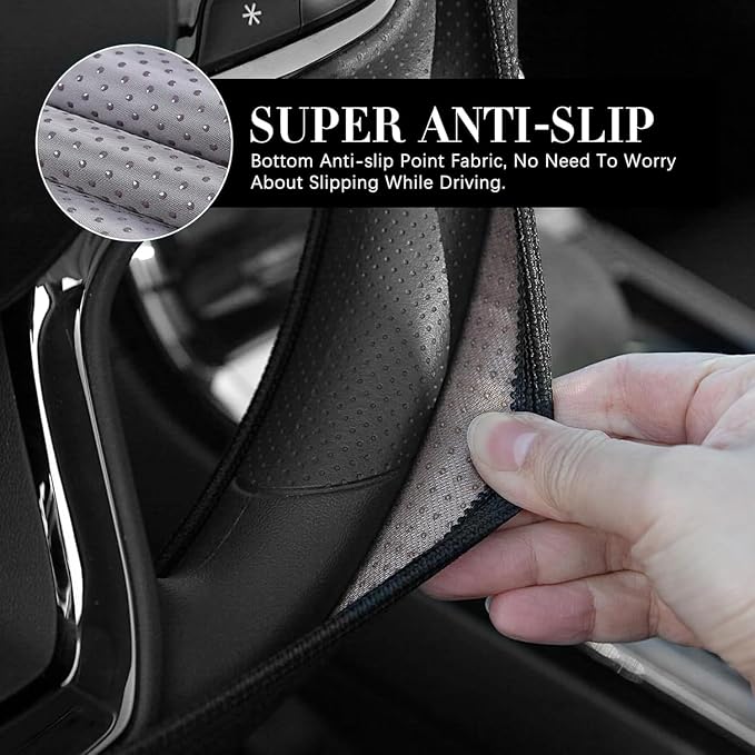 Car Steering Wheel Cover, Leather, Anti-Slip Lining, Universal for Lincoln, 14.5-15 Inch, Black