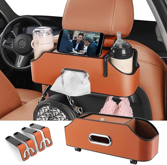 HOLDCY Car Back Seat Organizer with 2 Drink Cup Holder - Tissue Box and Storage Box Hook - Multi-functional Storage - Great for Kids and Travel (Orange)