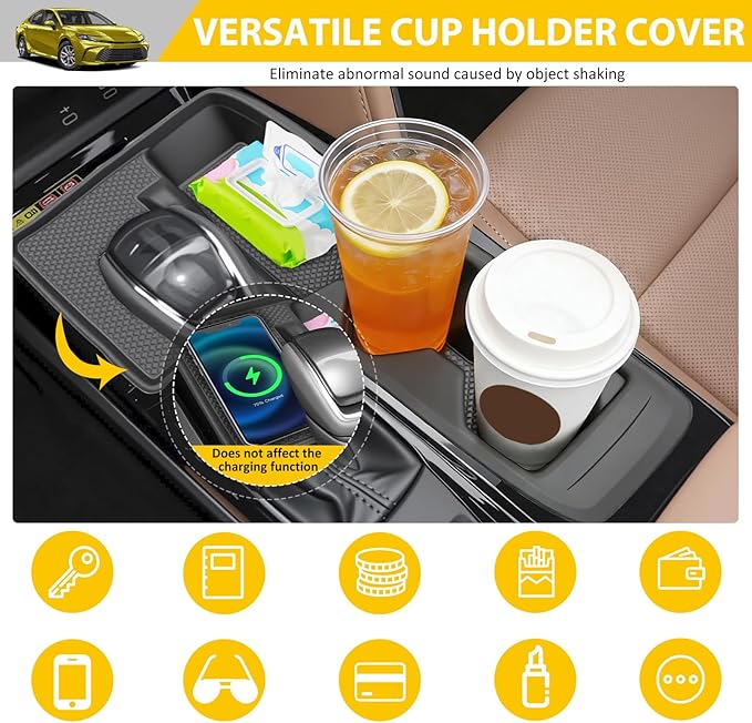 Cup Holder for 2025 2026 Toyota Camry Center Console Cup Holder Insert with Wireless Charging Mat Cupholder Organizer Coaster Liner for 25 26 Camry Interior Accessories Black