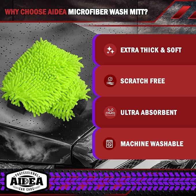 AIDEA Car Wash Mitt Microfiber, 10PK, Car Wash Brush, Green, 7.12''X10.14'' | Scratch Free Lint Free Premium Chenille Microfiber Mitt, Cleaning Supplies, Regular Size
