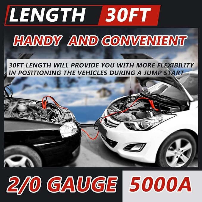 iMeshbean 2/0 Gauge 30FT Jumper Cables, Commercial Grade Automotive Booster Cables for Jump Starting Dead or Weak Batteries, Heavy Duty Booster Cable for Car Van Truck,with Storage Bag