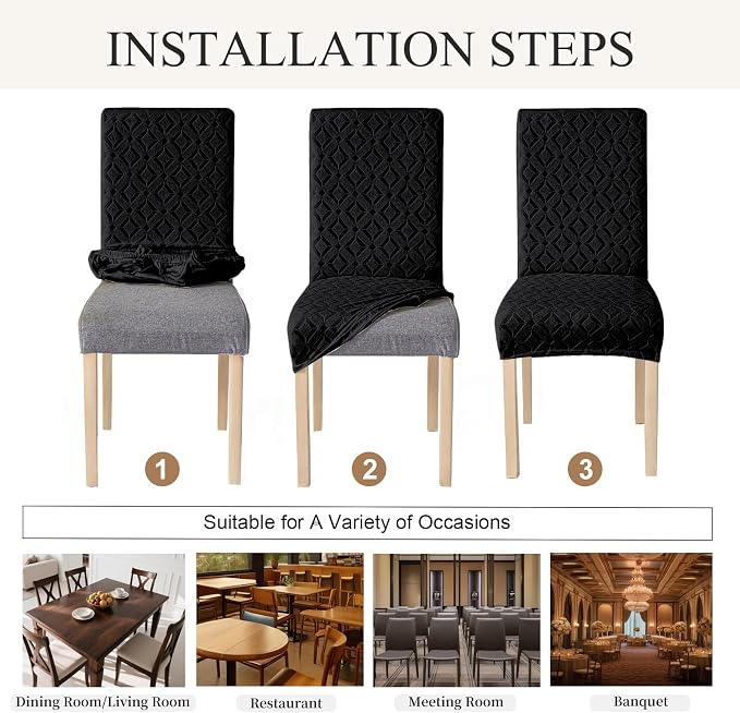 Genina Waterproof Chair Covers for Dining Room Set of 6, Removable Washable Chair Slipcover Protectors, Black