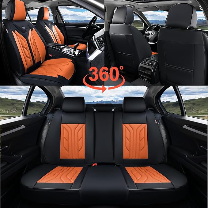 Coverado Seat Covers, Car Seat Covers Front Seats, Leather Seat Covers for Cars, Waterproof Automotive Seat Covers Car Seat Protector Car Seat Cushion Universal Fit for Most Cars Trucks(Black&Orange)