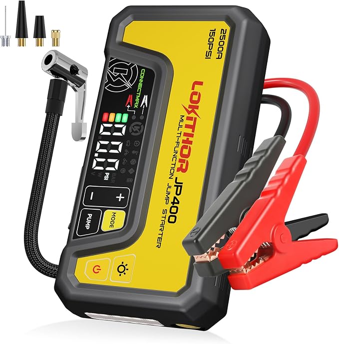 LOKITHOR JP400 Jump Starter with Air Compressor, 2500A 12V Portable Car Battery Booster Pack (8.5L Gas/6.5L Diesel) with ConnectMax Tech, 150PSI Tire Inflator, Auto-Shutoff & Dynamic Dwell (Yellow)