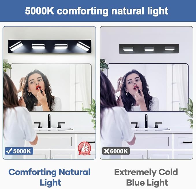 Torondo 360° Rotate LED Bathroom Vanity Light Fixtures, Acrylic Vanity Lights for Bathroom, Modern Wall Lighting Fixtures Over Mirror Living, Matte Black, Natural White, 4-Light, 27-Inch