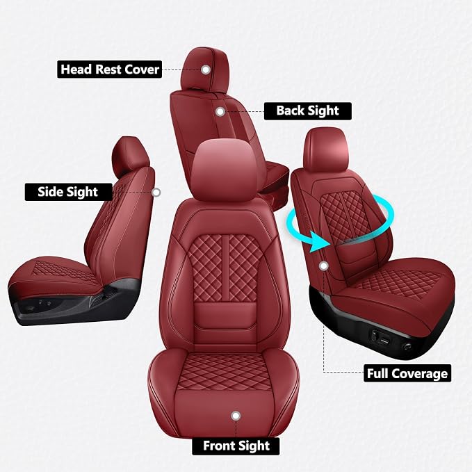 Wrangler Seat Covers 2007-2017,Custom Fit for Jeep Wrangler JK JL 4 Door Unlimited Sahara/Sport/Rubicon X 392 Willys,Waterproof Faux Leather and Lumbar Support (Wine Red, Full Set-5 seats(07-17))