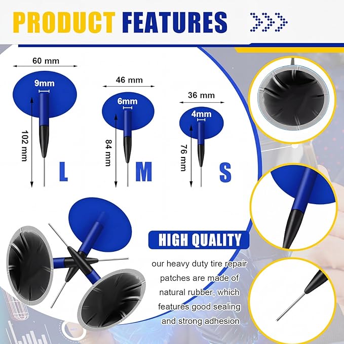 Tallew 13 Pcs Heavy Duty Tire Patches Kit Rubber Radial Tire Patch Plug Kit Emergency Tool for Puncture Car Truck Bus Tractor Vehicle Motorcycle 32mm, 42mm, 58mm, 65x80mm, 85x120 mm