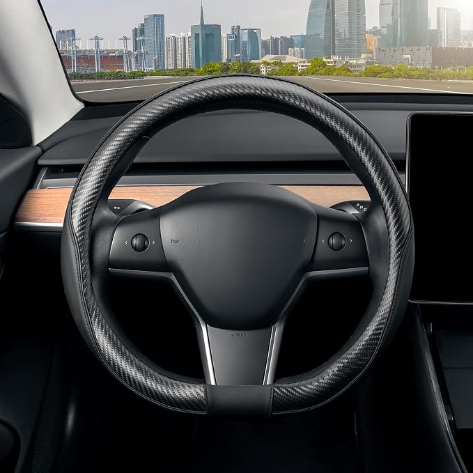 SEG Direct Flat Bottom Steering Wheel Cover, D Shaped Car Wheel Cover 14-14 1/4 in. (35.5-36 cm), for Tesla Model 3 / Y, for Camaro, Black Microfiber Leather with Carbon Fiber Pattern