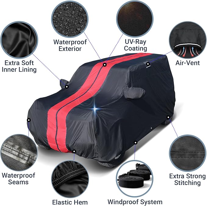iCarCover Premium Heavy Duty SUV Car Cover - Waterproof All Weather Rain Snow UV Protection, Excursion, Navigator L, Escalade ESV, Suburban, Yukon XL, Size S58 (See Size Chart), Stripe - Black/Red