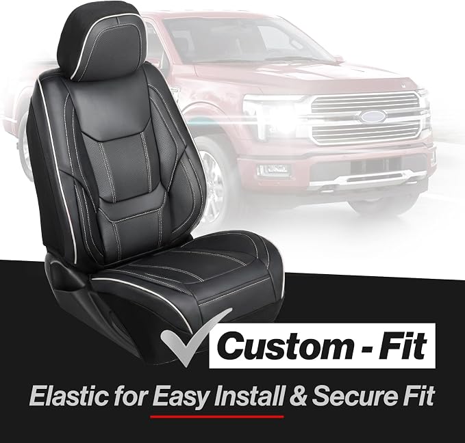 Coverland Custom Truck Car Seat Covers Front Seats for [2020-2026 Jeep Gladiator Crew Cab Split Bench Without Armrest] - Protector Water Resistant Leather [Front - Black with White Stitching]