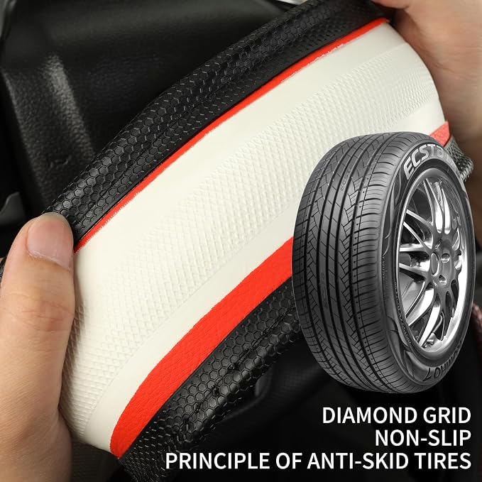 D Shaped Steering Wheel Cover Great Grip with 3D Honeycomb 14 inch | Anti-Slip Silicone Heavy-duty Microfiber Leather Sporty Design, Small 13.5 inch - 14 inch, Black with Burgundy