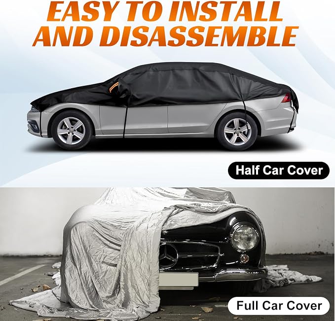 Half Car Cover Sedan, Hail Protector Car Cover with Cotton Liner, Sunroof & Windshield Cover for Ice and Snow, All Weather Vehicle Body Cover for Sun, Rain, Dust