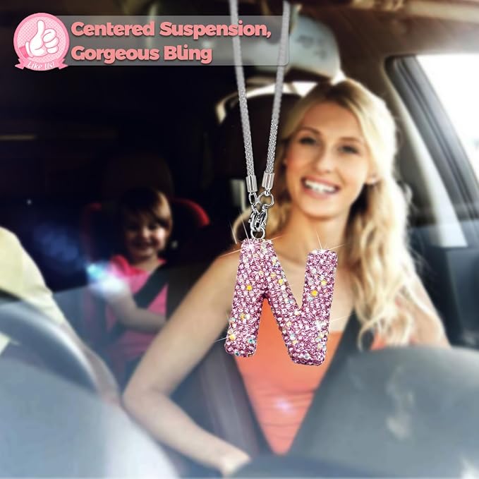 Bling Pink Car Accessories for Women Letter Charm, Rainbow Color Rear View Mirror Cute Crystal Pendant Car Decorations, Lucky Gifts Diamond Rhinestone Charm Letter N