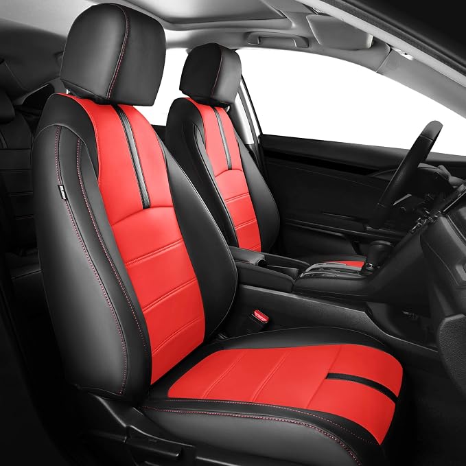 Seat Covers for Honda Civic Sedan LX 2016 2017 2018 2019 2020 2021, Faux Leather Car Seats Cover Full Set Waterproof, Black Red (Solid Rear Seatback - No Rear Armrest)