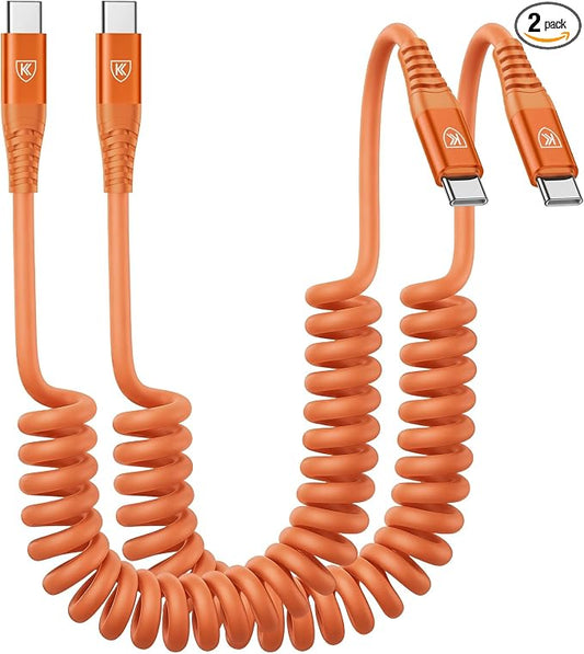 USB C to C Cable 6FT, 2Pack Coiled USB C Fast Charging Cable for CarPlay | iPhone USB-C Cable/Android Auto USB C Cord USB Type-C Cable for iPhone 17/16/15/Pro Max/Samsung Galaxy S26 and More-Orange