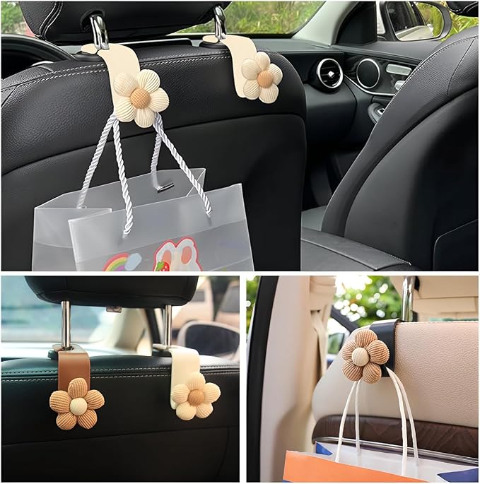 4 PCS Car Seat Headrest Hooks, Cute Flower Car Seat Back Organizer Bag Holder Hooks, Automotive Seat Hook Hanger Storage Organizer for Purse Cloth Grocery Bags, Car Accessories (Brown+Black)