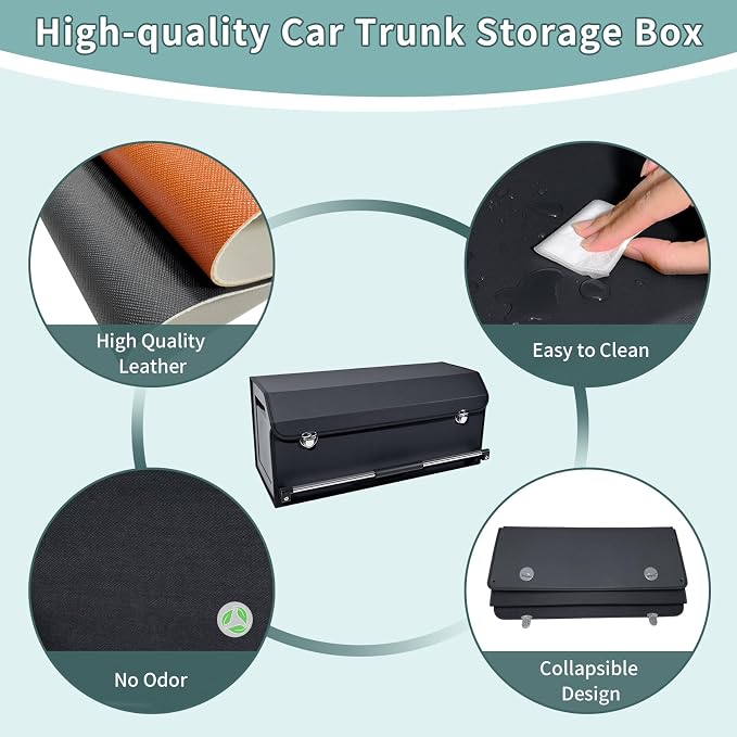 XCF Car Organizer Trunk, Durable Collapsible Leather Trunk Organizer with Lid and Sturdy Handle, Auto Cargo Storage Compartments, SUV/Car Accessories for Men/Women (11.4 x 27 x 12.2, Black)