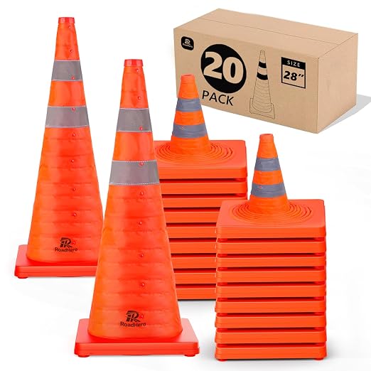 RoadHero 28 Inch 20 Pack Collapsible Traffic Safety Cones, Multi Purpose Pop-up Cones with Reflective Collar for Road Safety, Orange Cones for Driving Training, Parking Lots