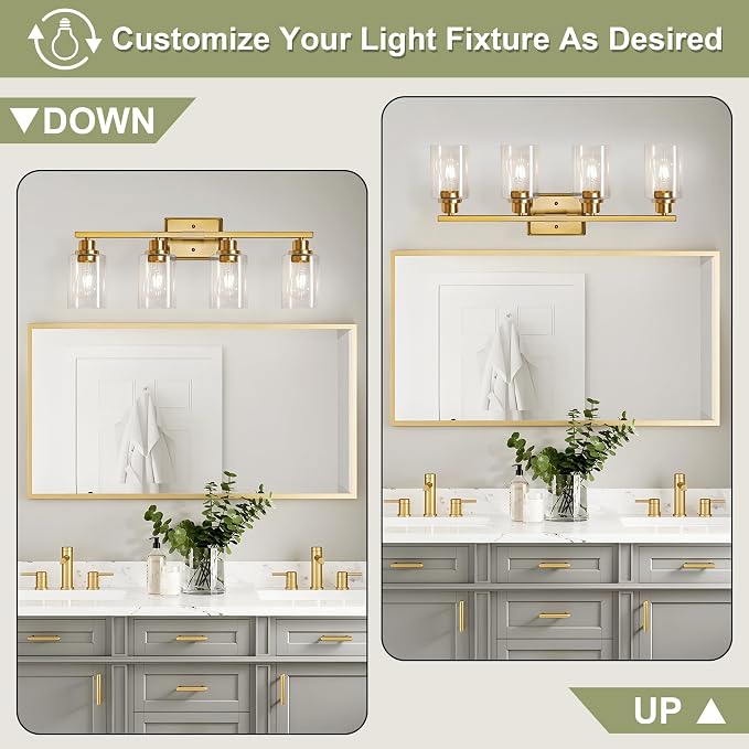 Unicozin Modern Bathroom Light Fixtures, 4 Light Vanity Lights Over Mirror, Gold Wall Lamp with Clear Glass for Living Room Cabinet Bedroom Porch Powder Room