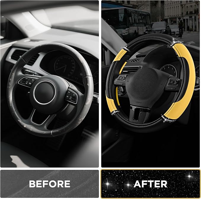 Road Comforts Leather Steering Wheel Cover - Made with PVC Leather - Anti-Slip, Universal Fit 14 1/2 inches to 15 inches - Yellow
