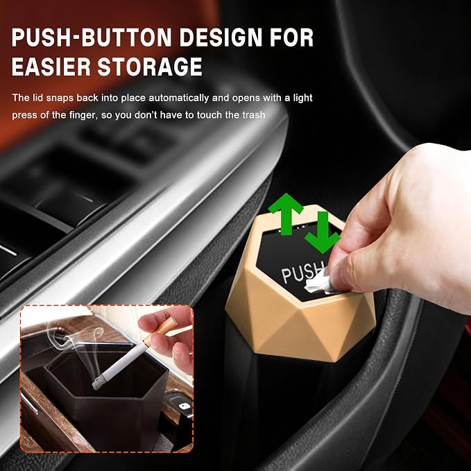 2 PCS Car Trash Can with Lid, Waterproof Diamond Design Auto Cup Holder Trash Bin, Leakproof Mini Garbage Organizer for Vehicle Home Office Kitchen Bedroom, Car Accessories (Golden)