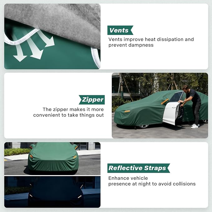GUNHYI Car Cover Waterproof All Weather, 16-Layer Heavy Duty Full Exterior Cover with Vents, Driver Door Zipper & Towel, Summer Sun/UV/Rain Protection, Fit Sedan BMW 3 Series, Toyota Camry etc.